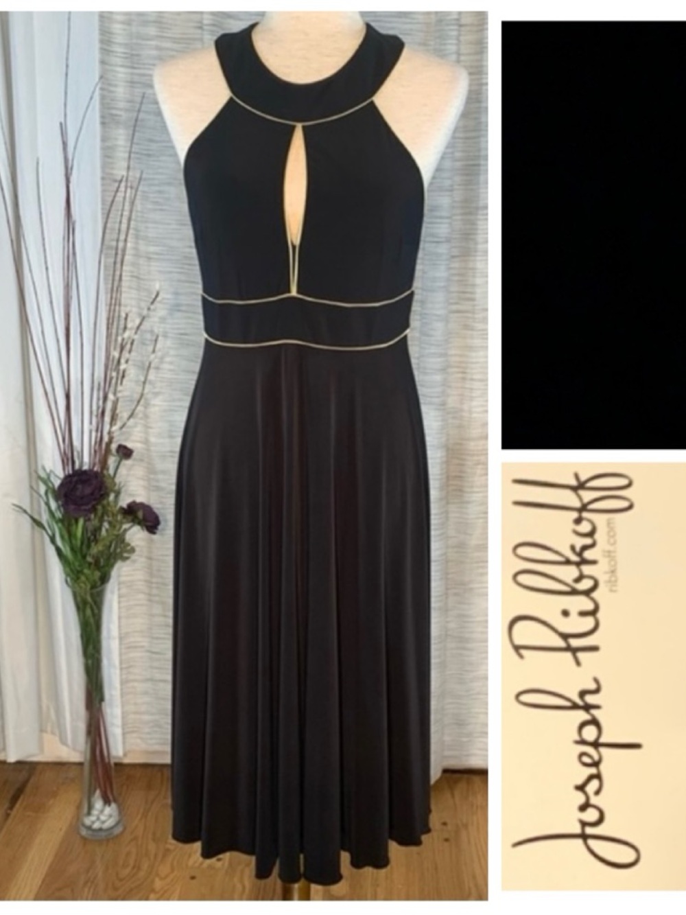 Joseph Ribkoff solid black with old gold piping sleeveless A-line dress.